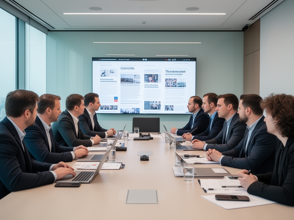 Небольшая группа студентов обсуждает медиапроект в современном учебном классе с досками и планшетами