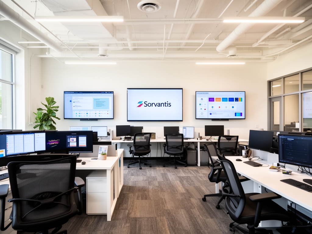 Современный офис образовательной платформы Sorvantis в Фениксе — светлое открытое пространство с рабочими столами, мониторами и медиаоборудованием на стенах