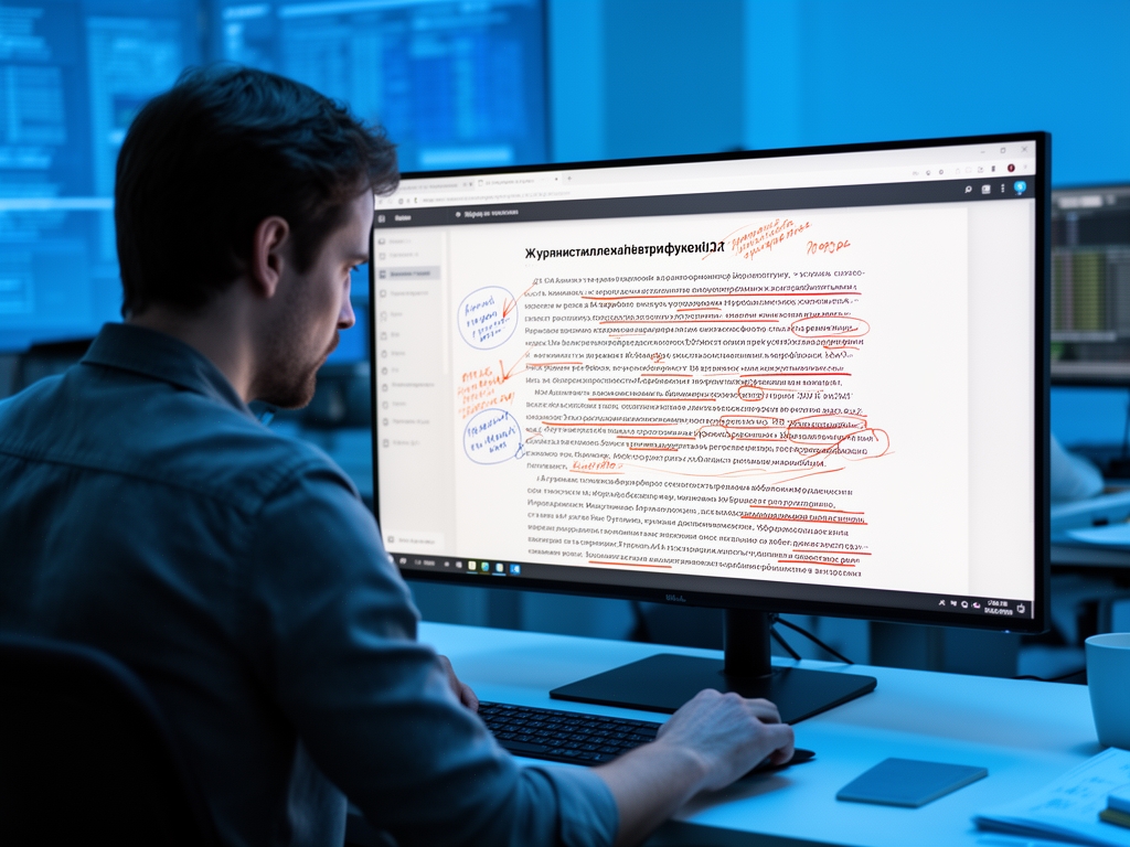 Журналист изучает статью с пометками об ИИ-верификации на большом мониторе в редакции с синим освещением