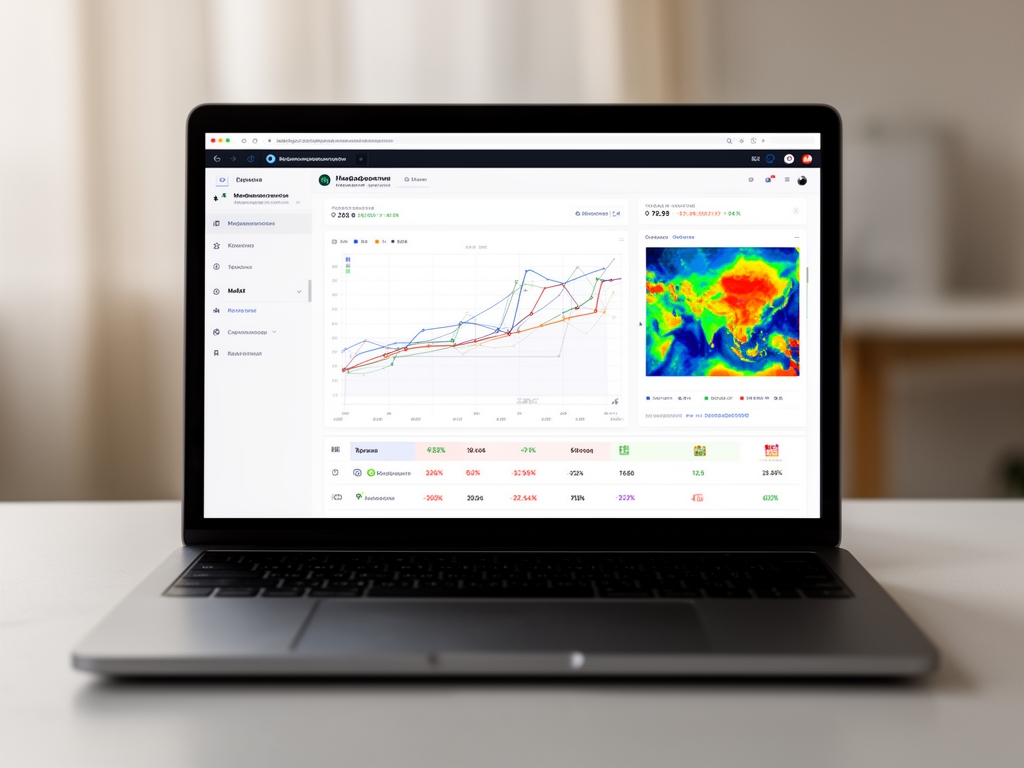 Экран ноутбука с графиками медиааналитики, данными трафика и тепловой картой кликов на сайте