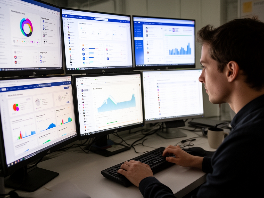 Специалист по социальным сетям работает с несколькими мониторами, на экранах видны аналитические дашборды социальных платформ