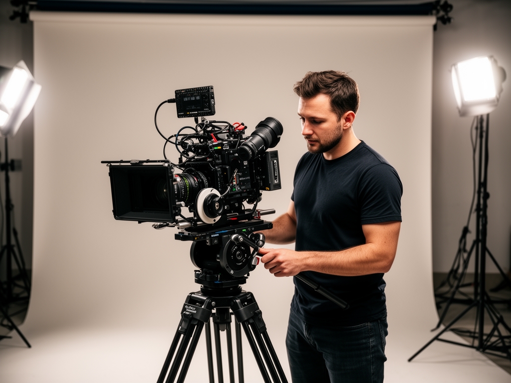 Видеооператор настраивает профессиональную кинокамеру на штативе в студии с мягким студийным освещением