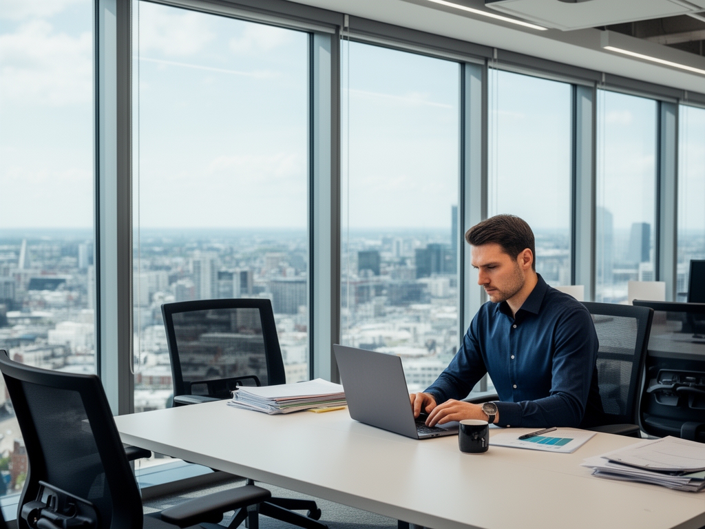Профессиональный журналист работает за ноутбуком в современной редакции с большими окнами и панорамным видом на город