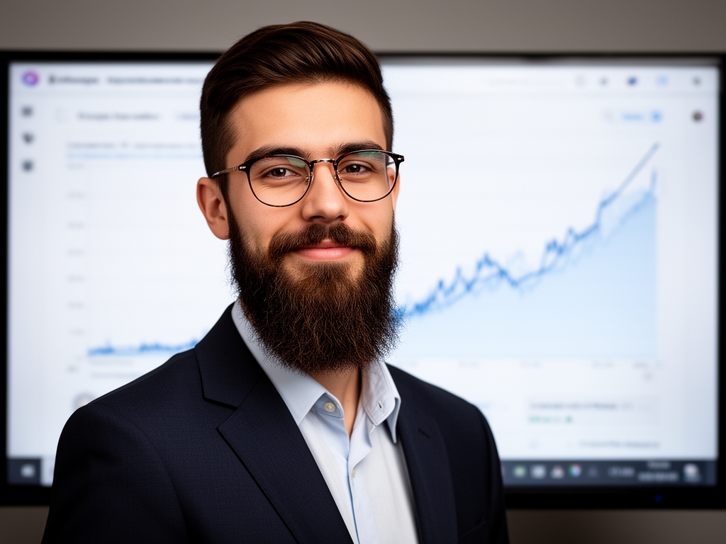 Молодой мужчина с бородой и в очках стоит перед экраном с графиком роста аудитории в социальных сетях