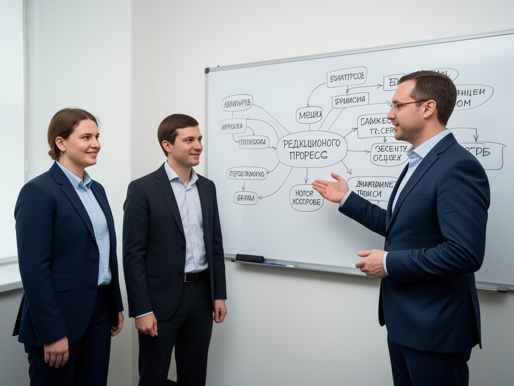 Три преподавателя медиакурсов стоят у доски в светлом учебном помещении, один из них объясняет структуру редакционного процесса